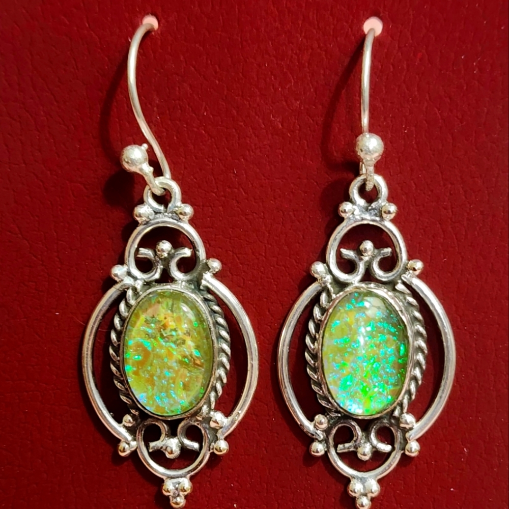Triplet Fire Lab Opal And Sterling Silver Earrings